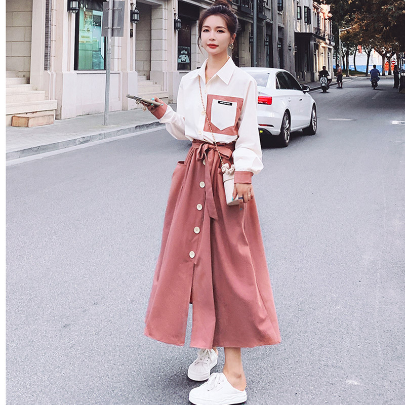 กระโปรงเสื้อเชิ้ตเย็บสีตัดกันเฉพาะจุด