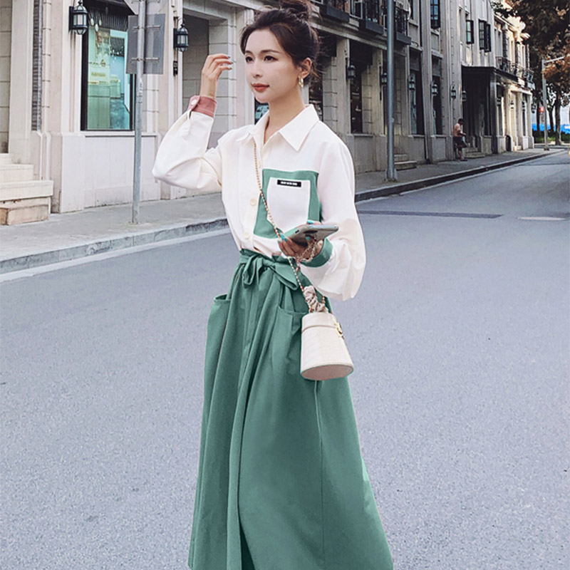 กระโปรงเสื้อเชิ้ตเย็บสีตัดกันเฉพาะจุด
