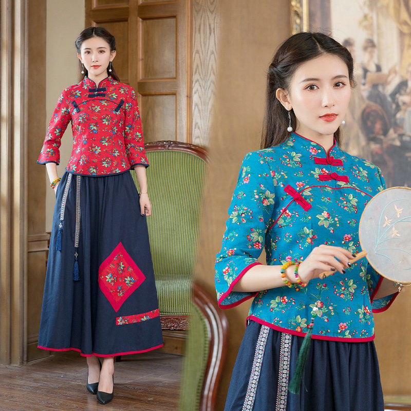 ชุดเซ็ทกี่เพ้าพิมพ์ลายมีระดับ ดีไซน์สไตล์จีน เลเยอร์ที่เข้มข้น สีสดใส คลุมเอว สไตล์เก๋ ทันสมัย ​​และลำลอง สามารถจับคู่กับหลากหลายสไตล์