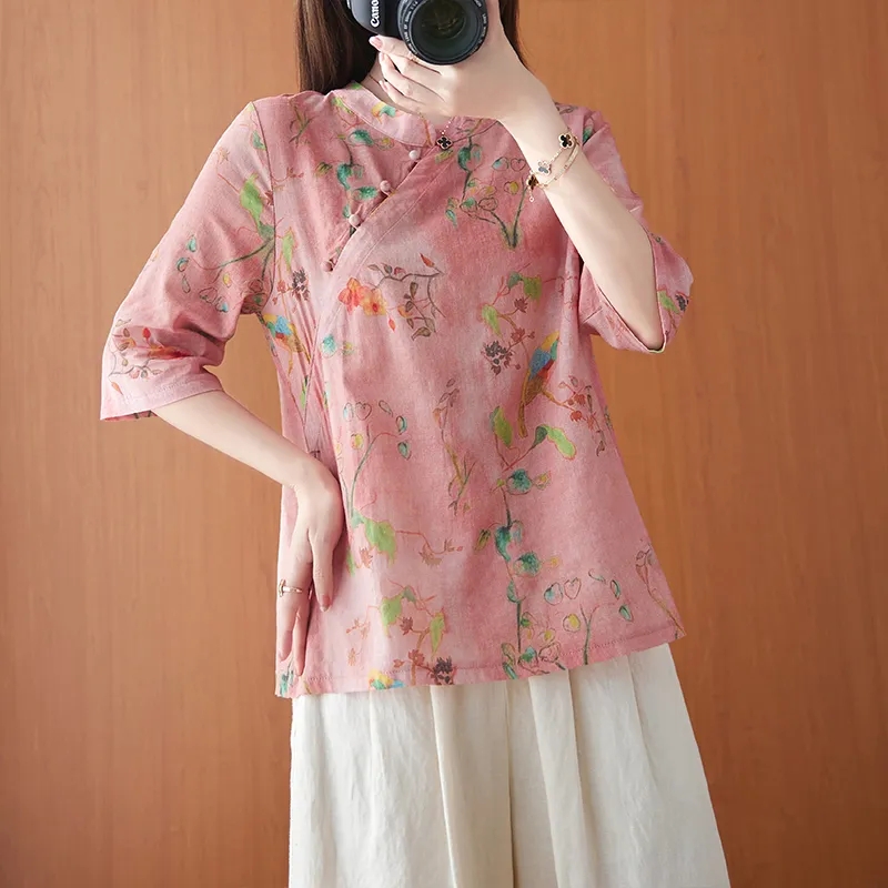 เสื้อยืดคอกลมพิมพ์ลายชาติพันธุ์ผู้หญิงผ้าฝ้ายและผ้าลินินหลวมสไตล์จีนย้อนยุคปุ่มด้านบน