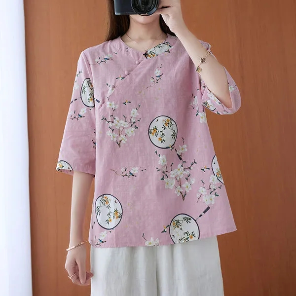 เสื้อยืดคอกลมพิมพ์ลายชาติพันธุ์ผู้หญิงผ้าฝ้ายและผ้าลินินหลวมสไตล์จีนย้อนยุคปุ่มด้านบน