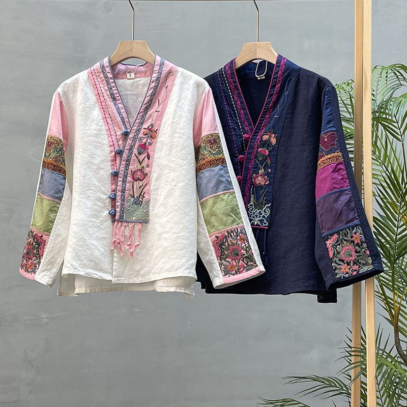 เสื้อลินินปักคอวีแขนยาวชาติพันธุ์วินเทจ